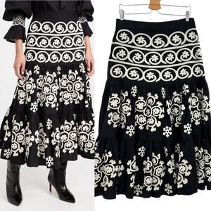 Figue Camille Skirt Black Cream Embroidered Tiered‎ Maxi Midi Length Size 14